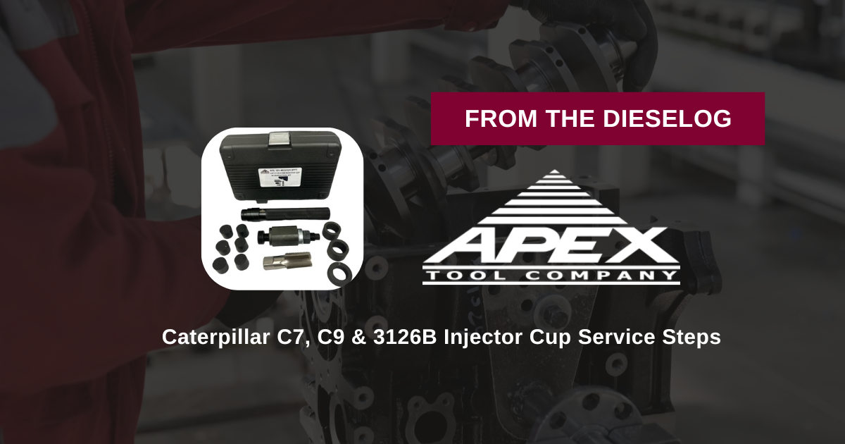 Step-by-step close up layout of heavy-duty Caterpillar HEUI injector cup service tools resting on an engine repair bench